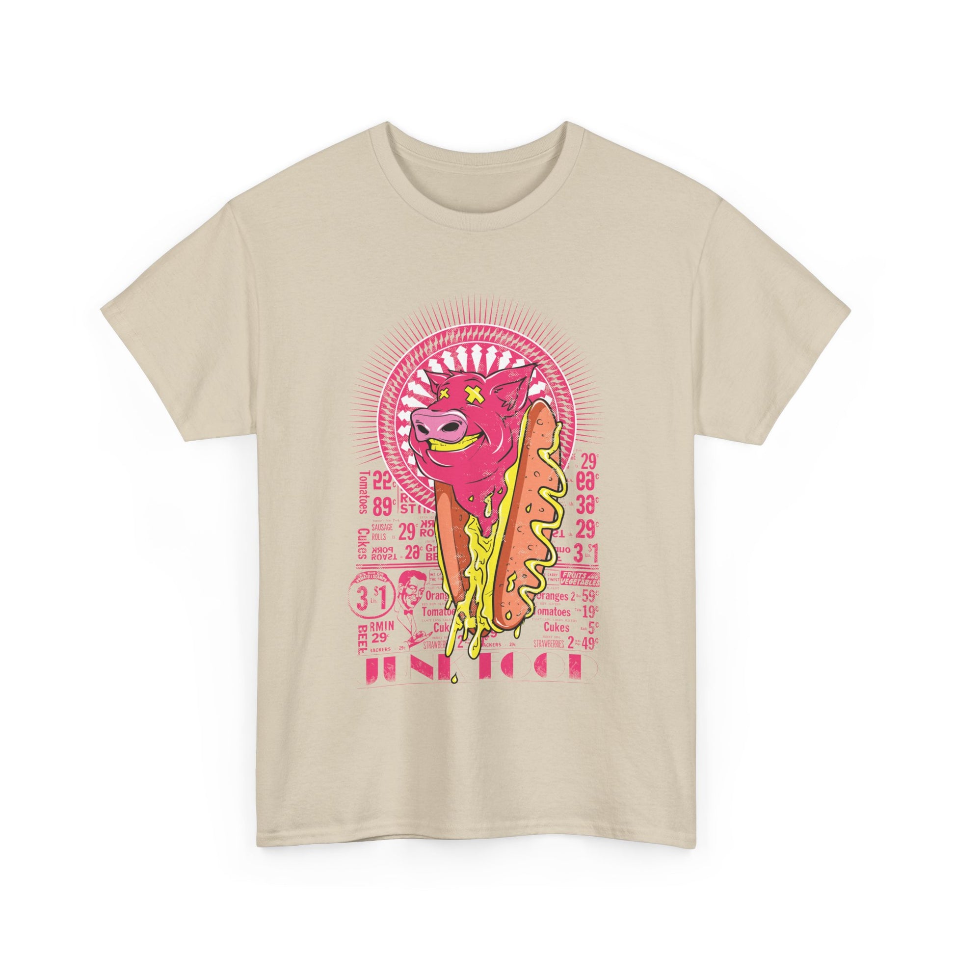 Refined beige men's t-shirt adorned with a striking graphic illustration of a pink cartoon pig and hot dog, blending whimsy with classic style.