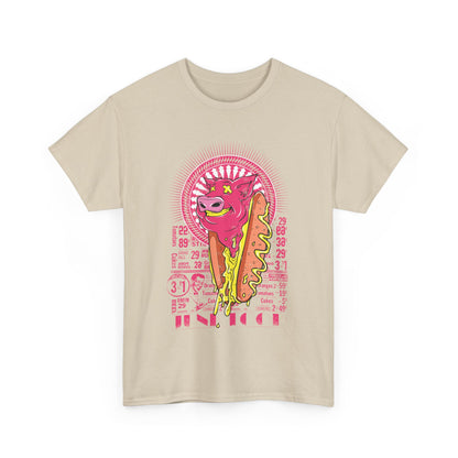 Refined beige men's t-shirt adorned with a striking graphic illustration of a pink cartoon pig and hot dog, blending whimsy with classic style.