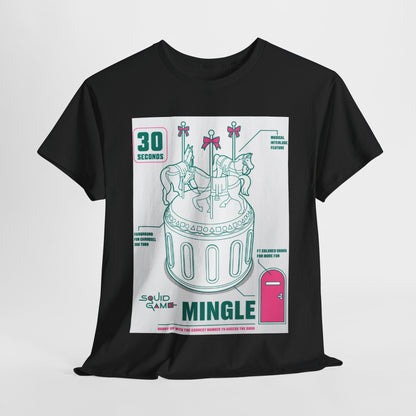 Elegant black Squid Game-inspired graphic T-shirt featuring a carousel design with horses and a playful colour scheme, ideal for fashion-forward individuals.