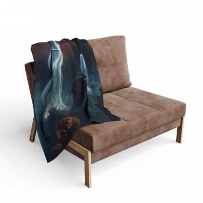 Decorative and Warm Halloween Spooky Arctic Fleece Blanket draped elegantly over a stylish couch, enhancing the luxurious Halloween decor with its supernatural and festive design.