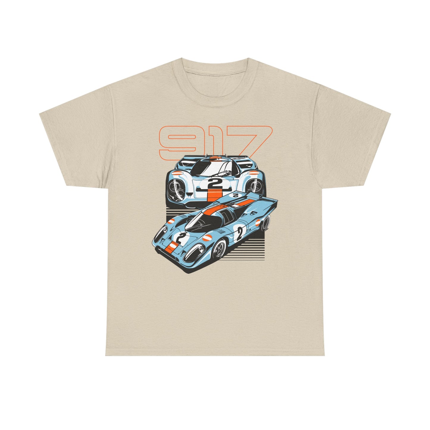 Sophisticated beige t-shirt adorned with a stunning graphic of Porsche 917 vehicles in light blue and orange, merging style and passion for racing.