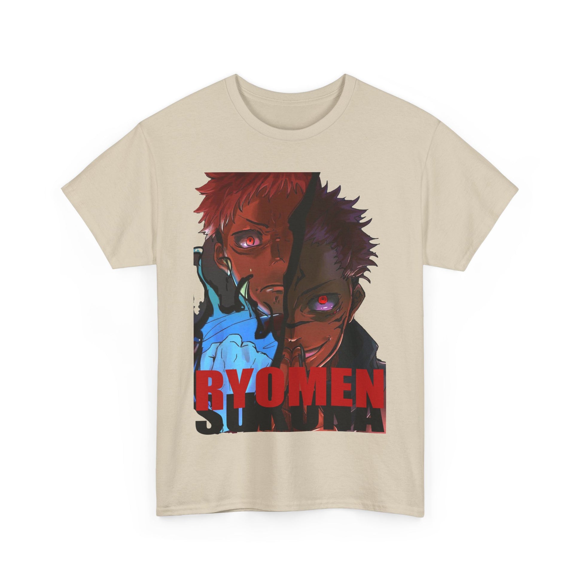 Luxurious beige Ryomen Sukuna anime t-shirt featuring striking graphic illustration of two powerful characters, perfect for anime enthusiasts to elevate their street-style.