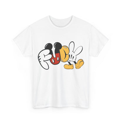 Mickey's Rebellion F**K Graphic T-Shirt displayed in white, featuring a striking design of the word 'F**K' with Mickey icons, embodying luxury street style.