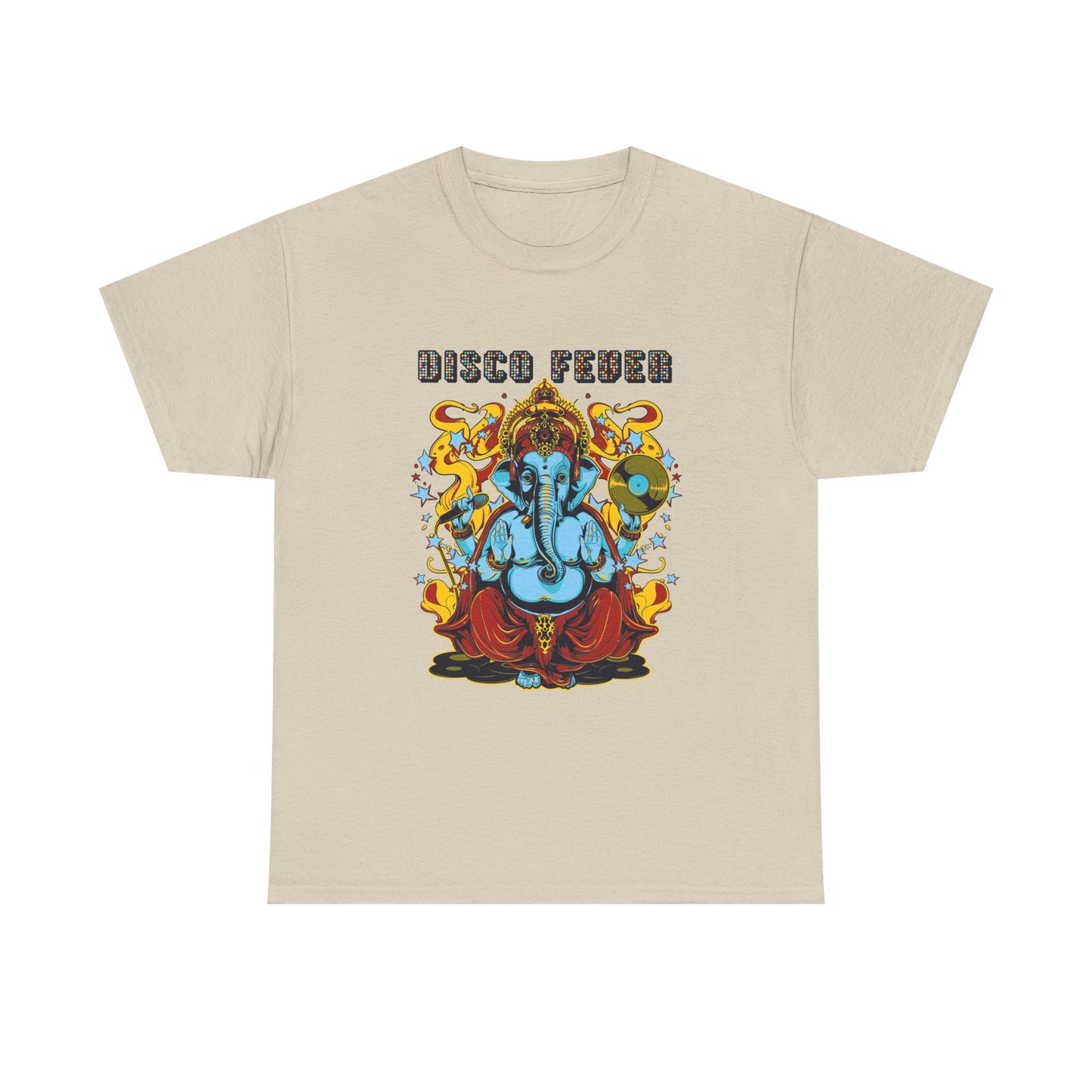 Elegant cream t-shirt displaying a colourful Lord Ganesha graphic with 'DISCO FEVER' lettering, blending spirituality with a modern flair for a stylish look.
