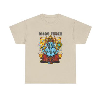 Elegant cream t-shirt displaying a colourful Lord Ganesha graphic with 'DISCO FEVER' lettering, blending spirituality with a modern flair for a stylish look.