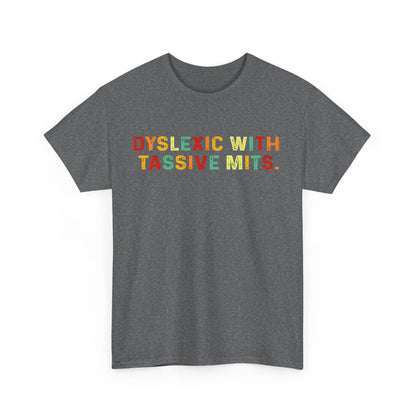 Dyslexic With Tice Nits Cotton Tee Graphic T Shirt featuring a stylish design with colourful letters on a heather grey background, perfect for expressing individuality and creativity.