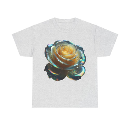 Ethereal Rose Tee Unisex Cotton Graphic T Shirt featuring a stunning close-up of a stylized rose in soft peachy-yellow hues, adorned with delicate droplets, exuding a luxurious and artistic flair.