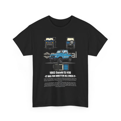 Sophisticated black t-shirt showcasing a retro Suzuki SJ 410 graphic and specifications, a perfect blend of vintage style and modern fashion.