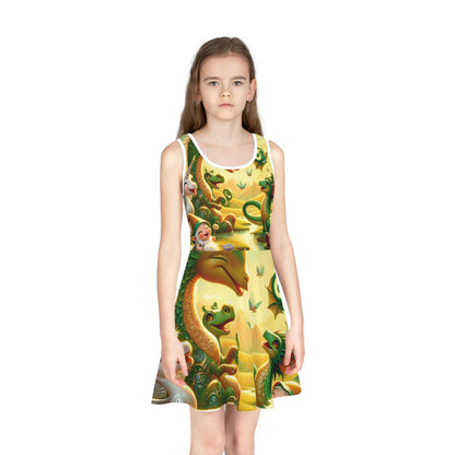 Liliana Starlet Girls Sundress by Dazzling Dreams Studio featuring a whimsical unicorn and dragon print, perfect for magical summer adventures.