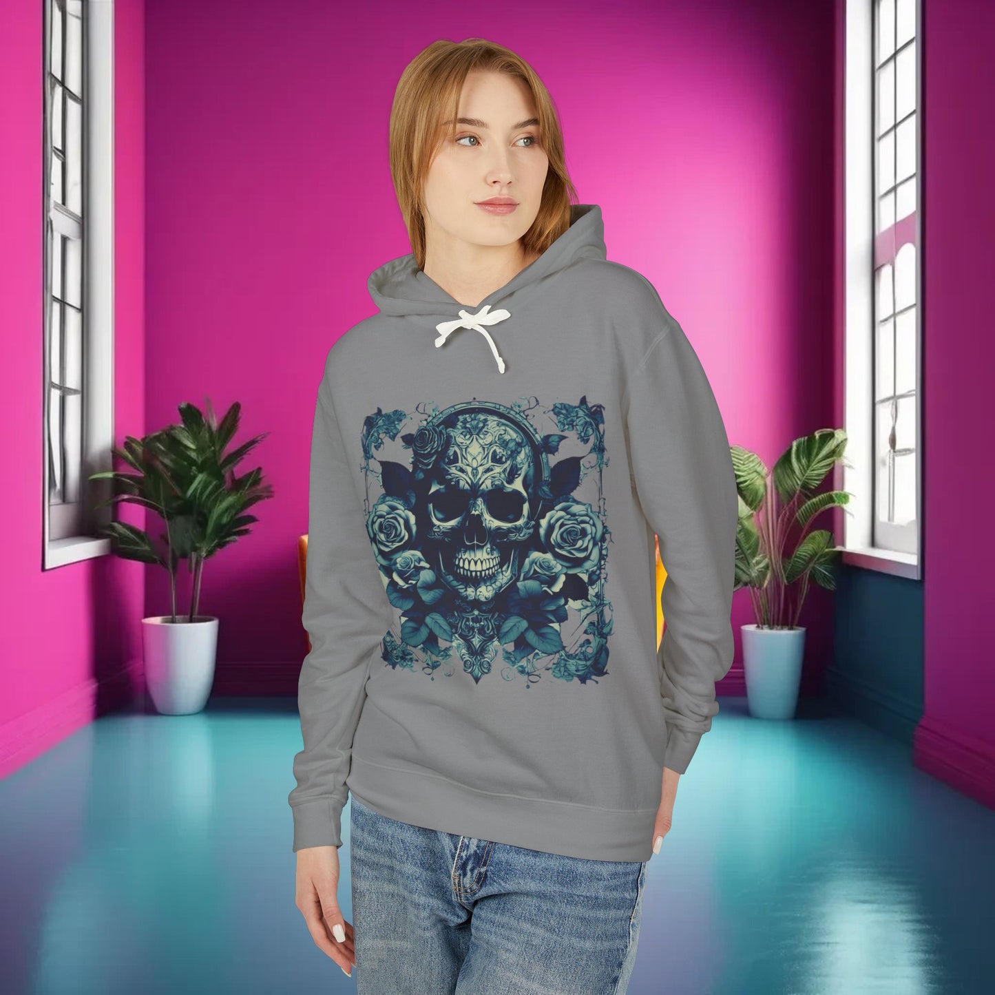 Skull and Roses Lightweight Hoodie, Unisex Edgy Designer Sweatshirt, Hipster