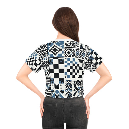 Sophisticated rear perspective of the Lorelei Beaumont Trendy Crop Top, displaying its contemporary design featuring bold patterns, ideal for fashionable layering.