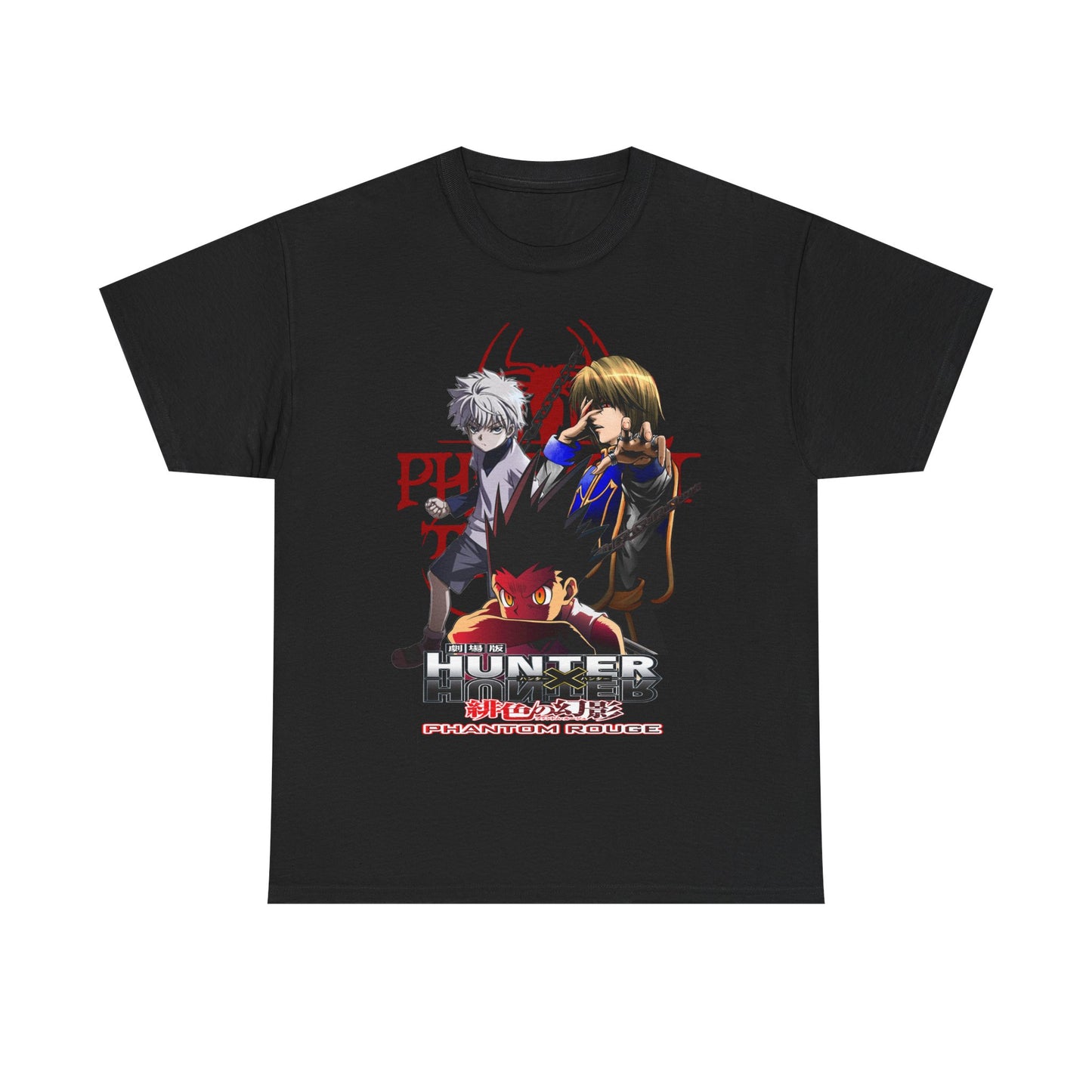 Sophisticated black T-shirt with striking graphics inspired by Hunter x Hunter: Phantom Rouge, highlighting beloved characters Killua, Hisoka, and Gon. Ideal for stylish fans and collectors alike.