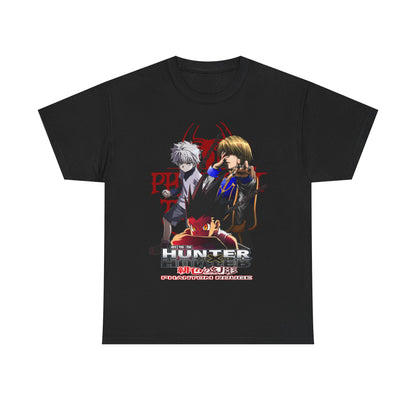Sophisticated black T-shirt with striking graphics inspired by Hunter x Hunter: Phantom Rouge, highlighting beloved characters Killua, Hisoka, and Gon. Ideal for stylish fans and collectors alike.