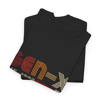 Gen X 1965 - 1980 Graphic T-Shirt folded in black featuring distinctive graphic design elements, perfect for contemporary fashion and retro appreciation.