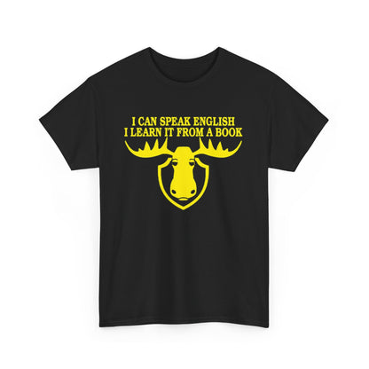 Fawlty Towers Funny Mens Womens Graphic T-Shirt featuring a striking yellow moose head with exaggerated antlers, perfect for showcasing humour and urban style. Ideal for both men and women.