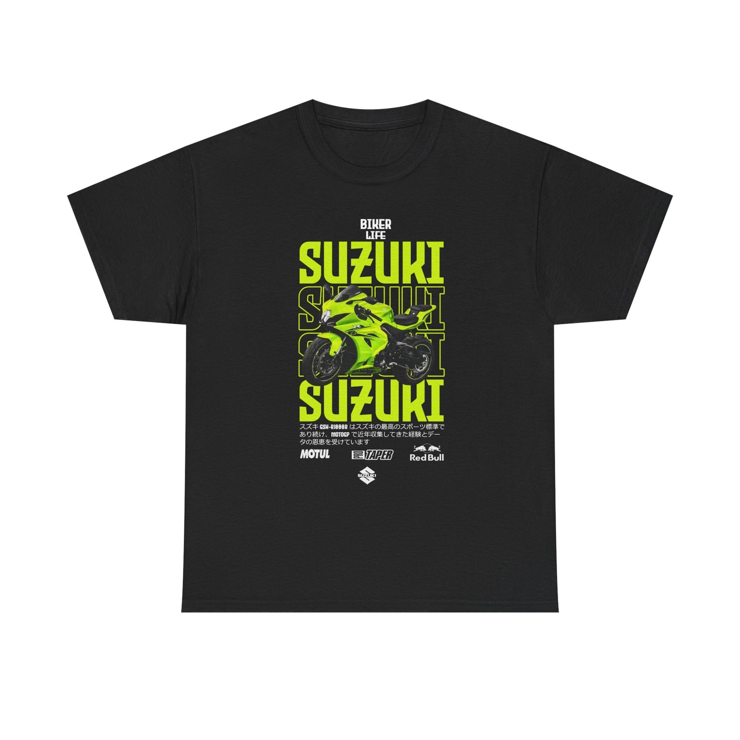 Elegant black men’s T-shirt showcasing a striking Suzuki GSX-R motorcycle print, adorned with dynamic 'BIKER LIFE' text in bright neon green, representing a fusion of style and passion for motorcycle enthusiasts.
