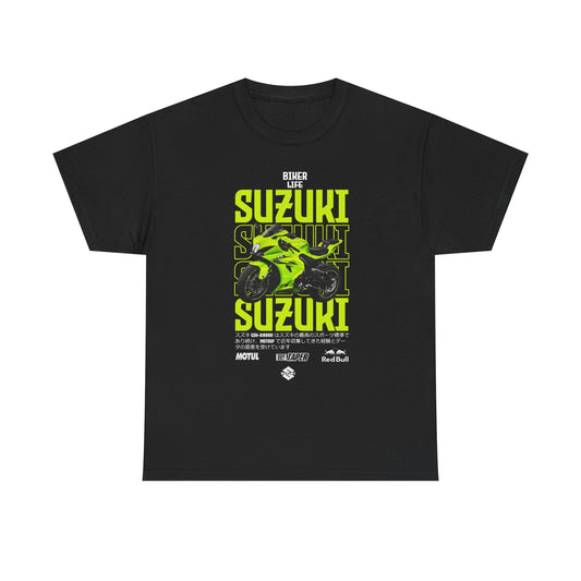 Elegant black men’s T-shirt showcasing a striking Suzuki GSX-R motorcycle print, adorned with dynamic 'BIKER LIFE' text in bright neon green, representing a fusion of style and passion for motorcycle enthusiasts.