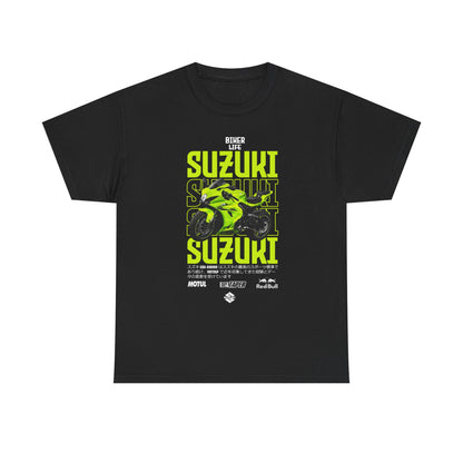 Black men's t-shirt showcasing a vibrant Suzuki GSX-R graphic, accentuated by lime green typography that reads 'Biker Life' for true motoring enthusiasts.
