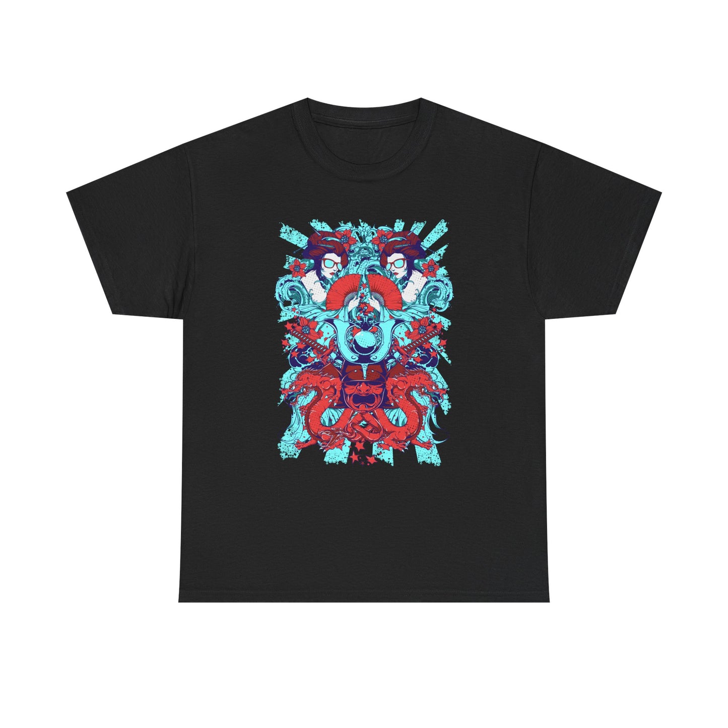 Stylish black men's t-shirt featuring a striking graphic with intricate designs of samurai helmets, flowing dragons, and elegant geisha figures, perfect for making a bold fashion statement.