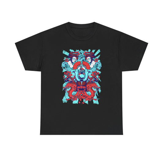 Stylish black men's t-shirt featuring a striking graphic with intricate designs of samurai helmets, flowing dragons, and elegant geisha figures, perfect for making a bold fashion statement.