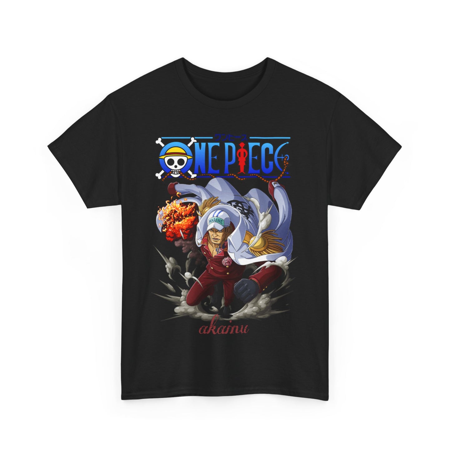 Luxurious One Piece Akainu graphic t-shirt for men, featuring a dynamic illustration of the character Akainu surrounded by fiery explosions, perfect for anime enthusiasts.
