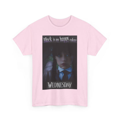 Front view of a stylish pink Wednesday Addams Unisex Graphic Tee featuring the quote 'Black is my happy color', designed for the discerning gothic fan.