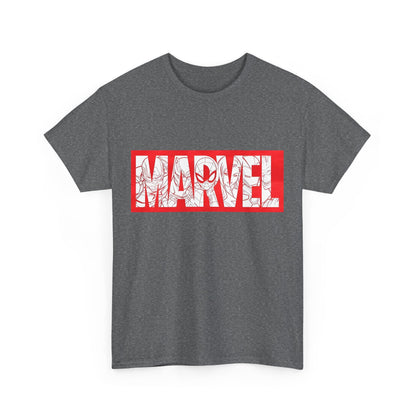 Stylish unisex cotton t-shirt showcasing the 'MARVEL' graphic tee, featuring bold red typography and superhero outlines, perfect for demonstrating your fandom in luxury.