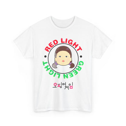 Front view of a stylish Squid Game unisex T-shirt featuring the phrase 'RED LIGHT GREEN LIGHT' along with an iconic character design, perfect for trendy individuals.