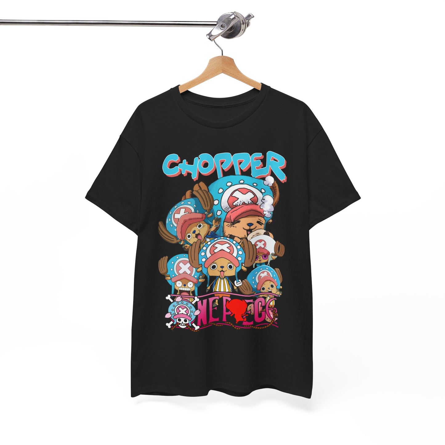 Sophisticated view of Chopper-themed t-shirt elegantly displayed on a hanger, featuring cheerful designs that embody anime culture for avid fans.