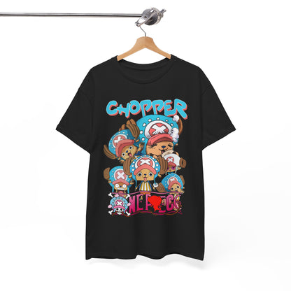 Sophisticated view of Chopper-themed t-shirt elegantly displayed on a hanger, featuring cheerful designs that embody anime culture for avid fans.