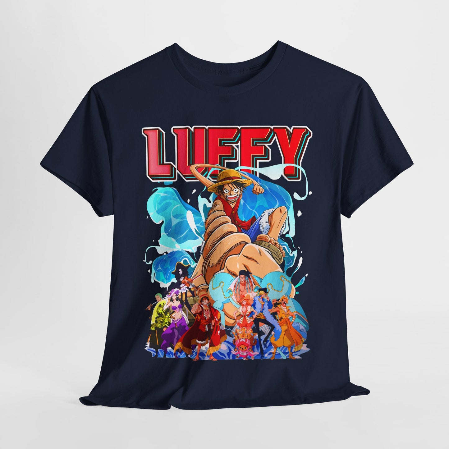 Stylish navy t-shirt prominently displaying the bold 'LUFFY' graphic, showcasing dynamic character art, ideal for fashion-forward fans.
