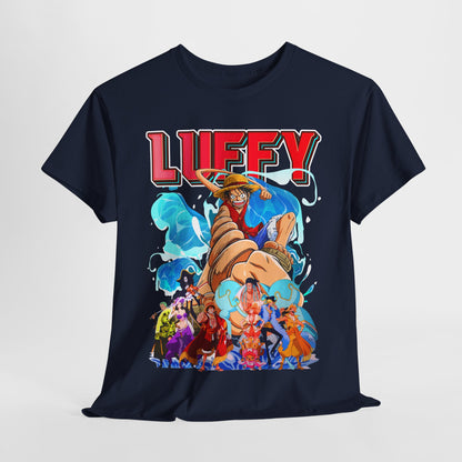 Stylish navy t-shirt prominently displaying the bold 'LUFFY' graphic, showcasing dynamic character art, ideal for fashion-forward fans.