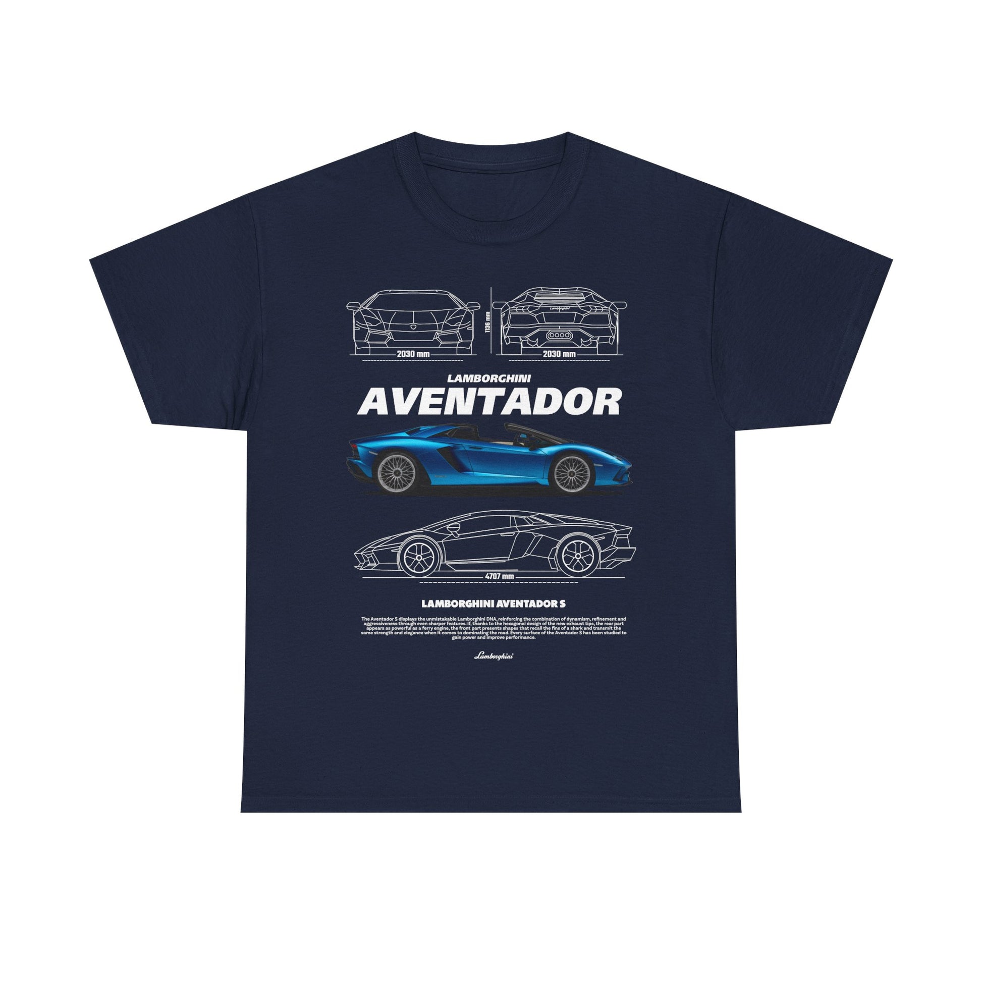 Elegant navy men's t-shirt adorned with Lamborghini Aventador design, featuring detailed car outlines and measurements for automotive enthusiasts.