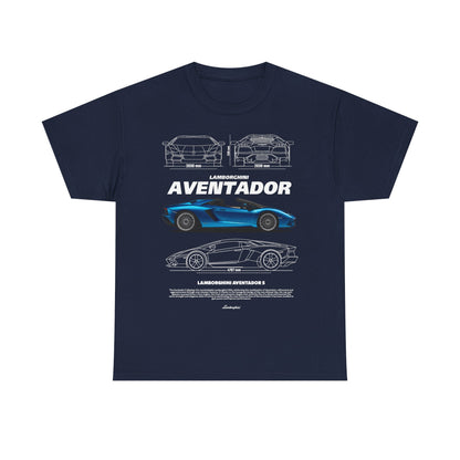 Elegant navy men's t-shirt adorned with Lamborghini Aventador design, featuring detailed car outlines and measurements for automotive enthusiasts.
