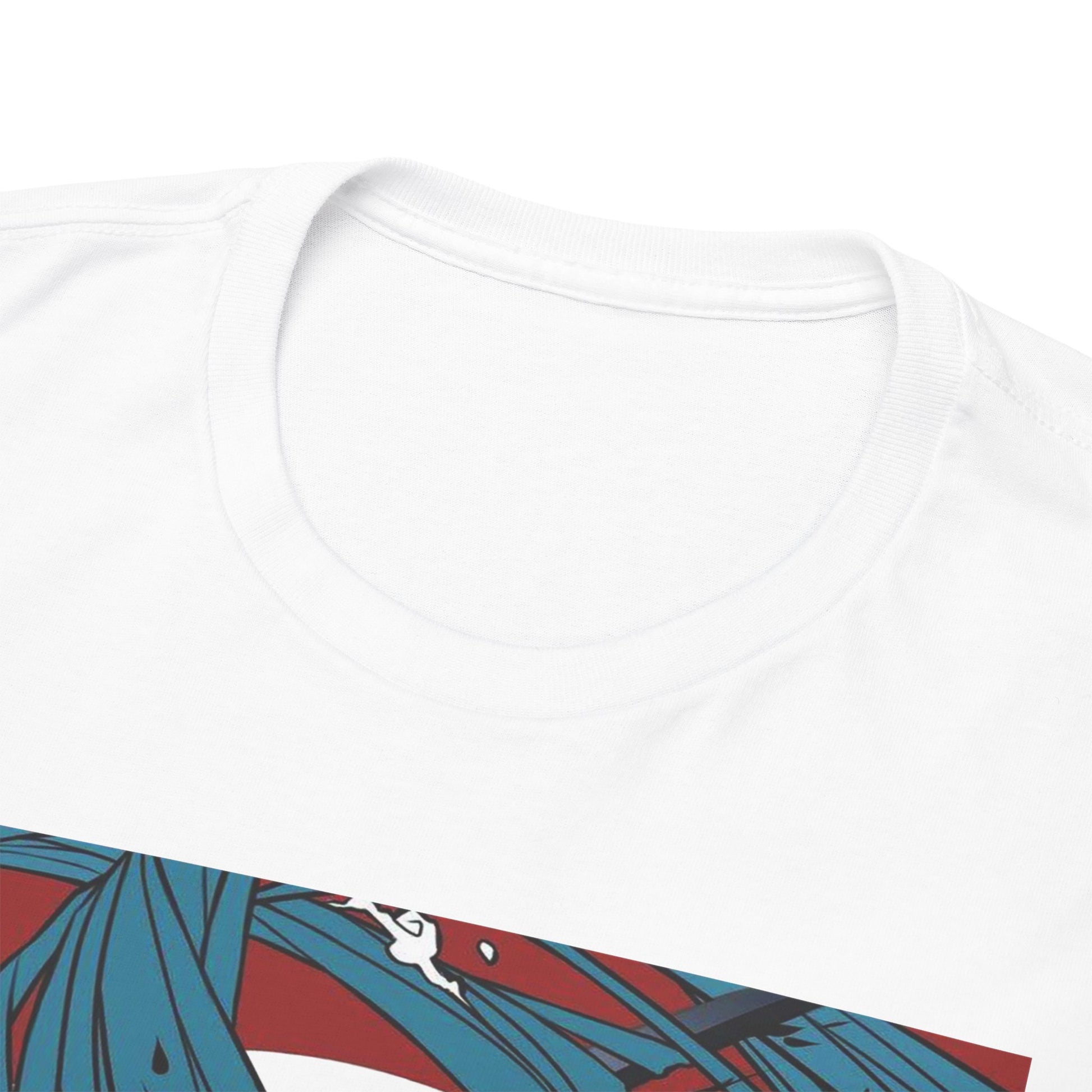 Close-up of a premium white t-shirt showcasing detailed demon-themed art, highlighting exceptional craftsmanship and stylish fit.