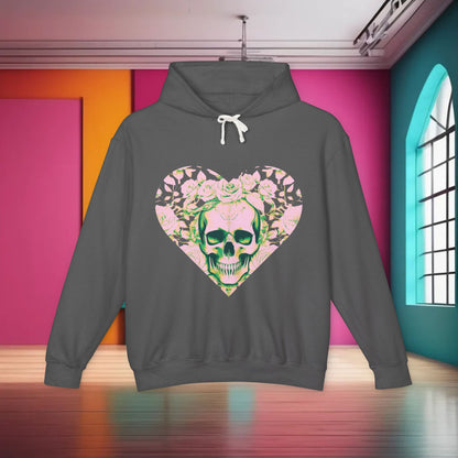 Unisex Lightweight Hooded Sweatshirt in dark grey with a striking unique designer skull and roses design, displayed in a stylish indoor setting.