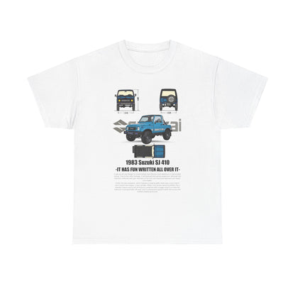 Luxurious white men's t-shirt featuring a vintage Suzuki SJ 410 graphic design, showcasing detailed illustrations of the vehicle with measurements; perfect for automotive enthusiasts.