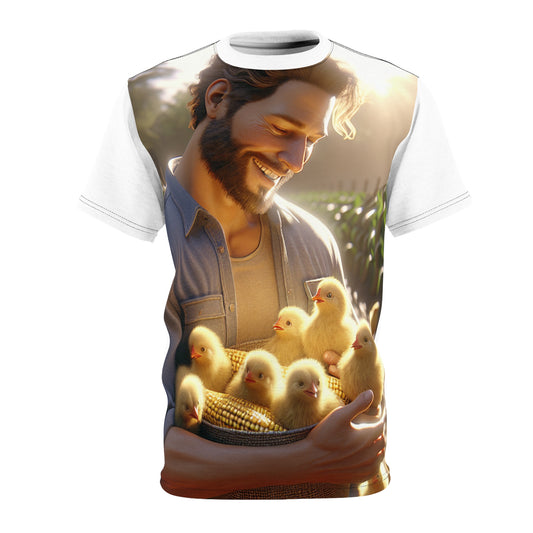 Close-up view of the photorealistic design on Chick Magnet T-Shirt by Dazzling Dreams Studio, featuring a charismatic man amidst adorable yellow chicks against a warm countryside backdrop.