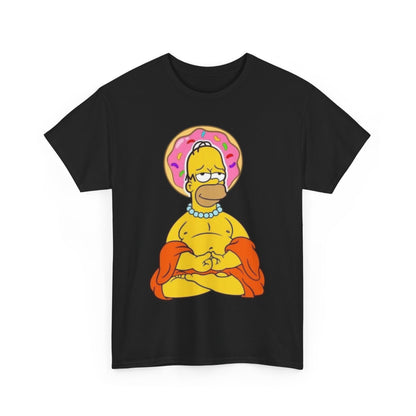 Buddha Homer Funny Graphic Unisex T Shirt TEE featuring a whimsical illustration of Homer Simpson in a meditative lotus pose, adorned with a pink donut halo, perfect for stylish casual wear.