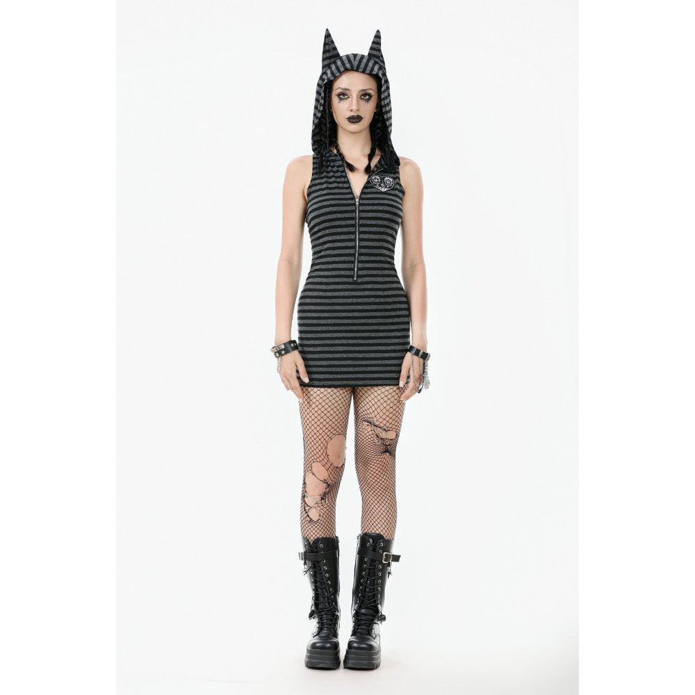 Detail shot of the front zip closure on the Dark In Love Cat Ear Hoodie Dress, illustrating both functionality and chic style for fashionable goth ensembles.