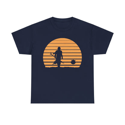 Mandalorian Sunset Graphic Unisex T-Shirt in Premium Soft Cotton, displaying a unique sunset graphic depicting the Mandalorian, ideal for adding a touch of adventure to your wardrobe.