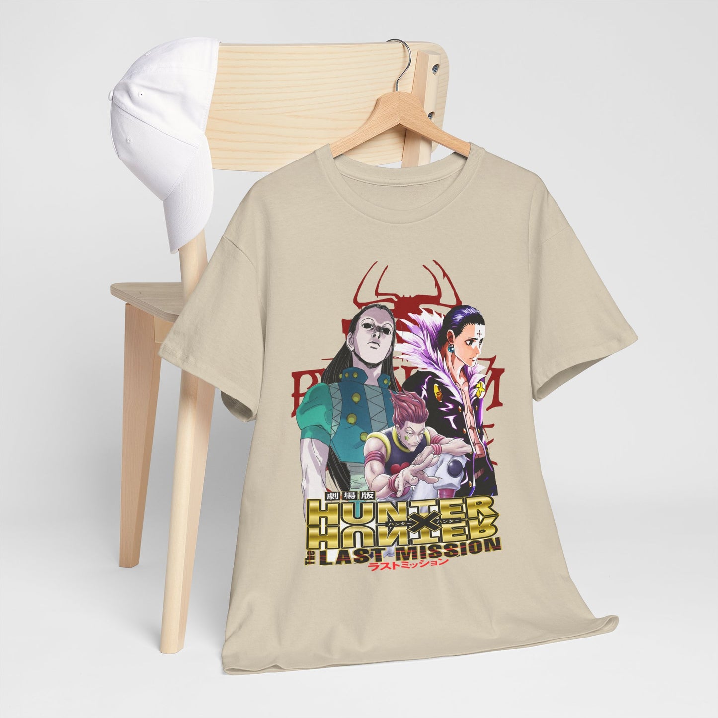 Fashion-forward Hunter x Hunter T-shirt displayed on a chic wooden hanger, highlighting its exquisite character design and luxurious fabric.