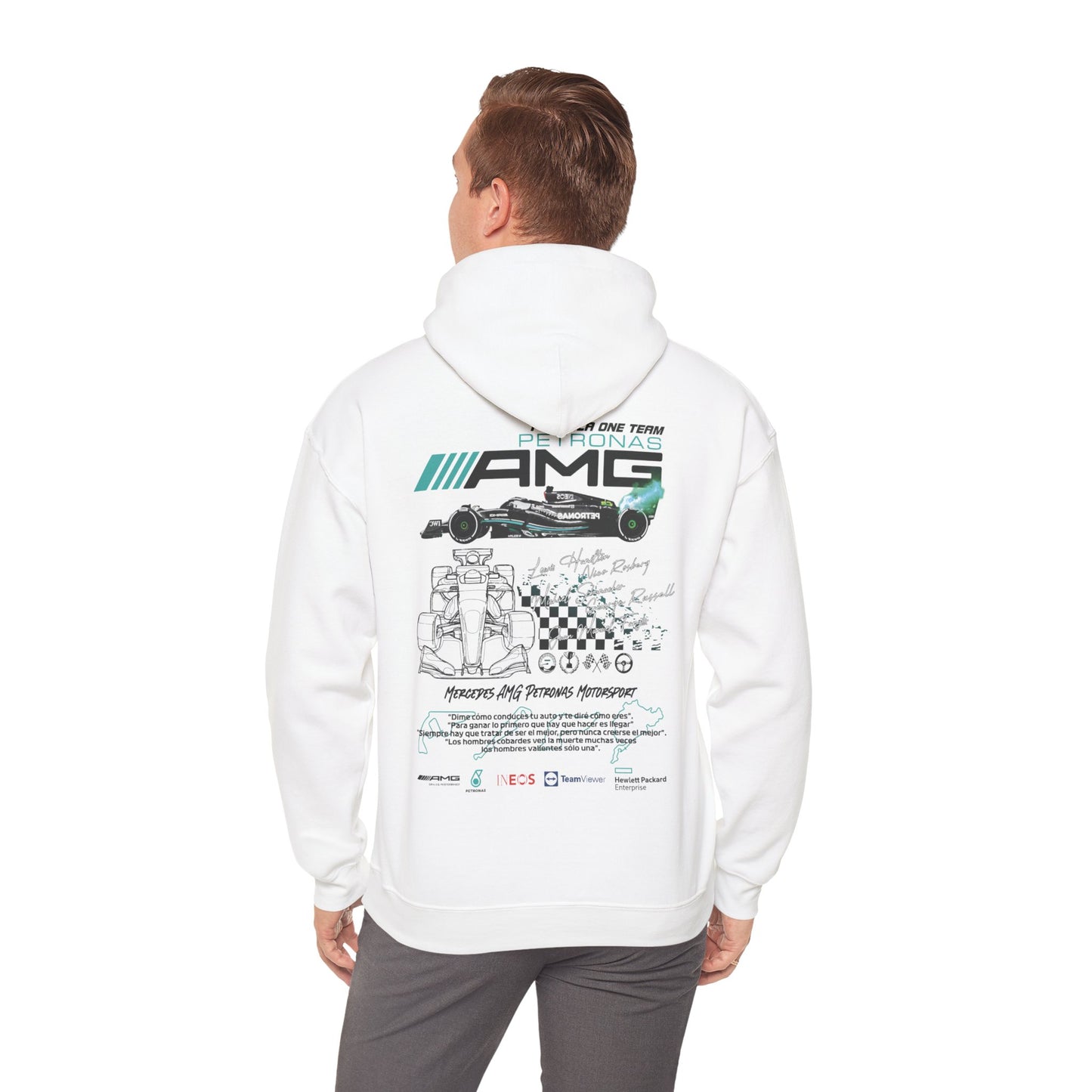 Man wearing the Mercedes AMG Petronas F1 Racing team hoodie, highlighting the striking back graphic design while embodying comfort and racing heritage.