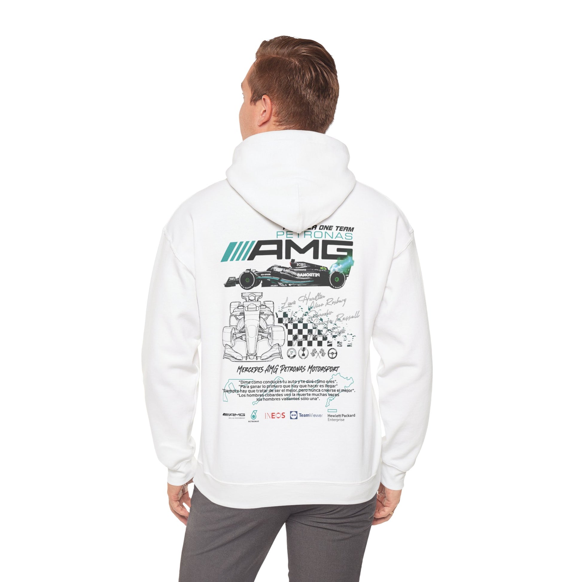 Man wearing the Mercedes AMG Petronas F1 Racing team hoodie, highlighting the striking back graphic design while embodying comfort and racing heritage.