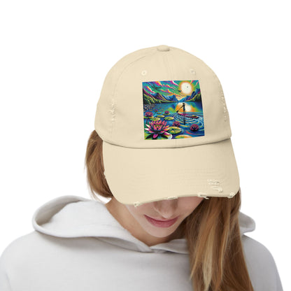 Unisex Distressed Paddleboarders Cap showcased on a model, featuring vibrant paddleboarding artwork in an elegant design, perfect for water enthusiasts.