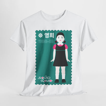 Sophisticated Squid Game graphic tee featuring a stylish illustration of Young-hee, set against a teal background. This unisex cotton t-shirt blends luxury with a humorous nod to popular culture, ideal for fashion-forward individuals seeking a statement piece.