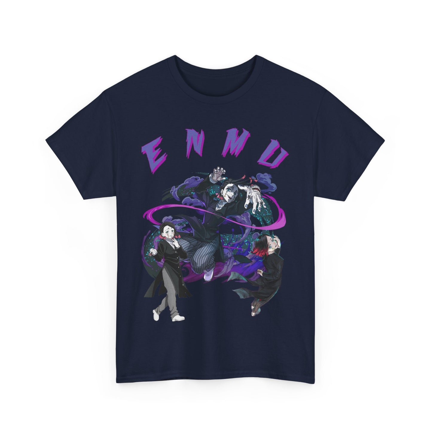 Premium folded navy blue Enmu graphic T-shirt, displaying vibrant artwork of anime characters, perfect for stylish collectors seeking unique fashion statements.