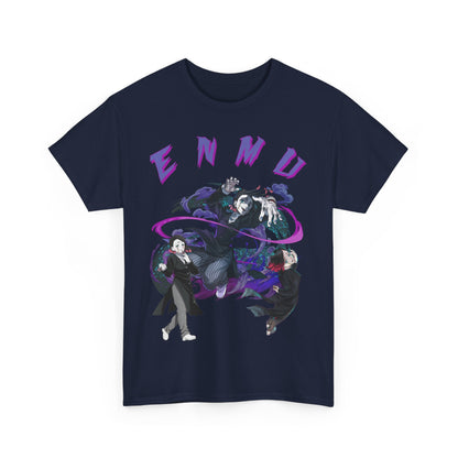 Premium folded navy blue Enmu graphic T-shirt, displaying vibrant artwork of anime characters, perfect for stylish collectors seeking unique fashion statements.