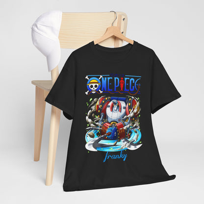 Stylish One Piece Franky graphic t-shirt displayed on a hanger with a complementary cap, epitomising urban fashion and anime style.