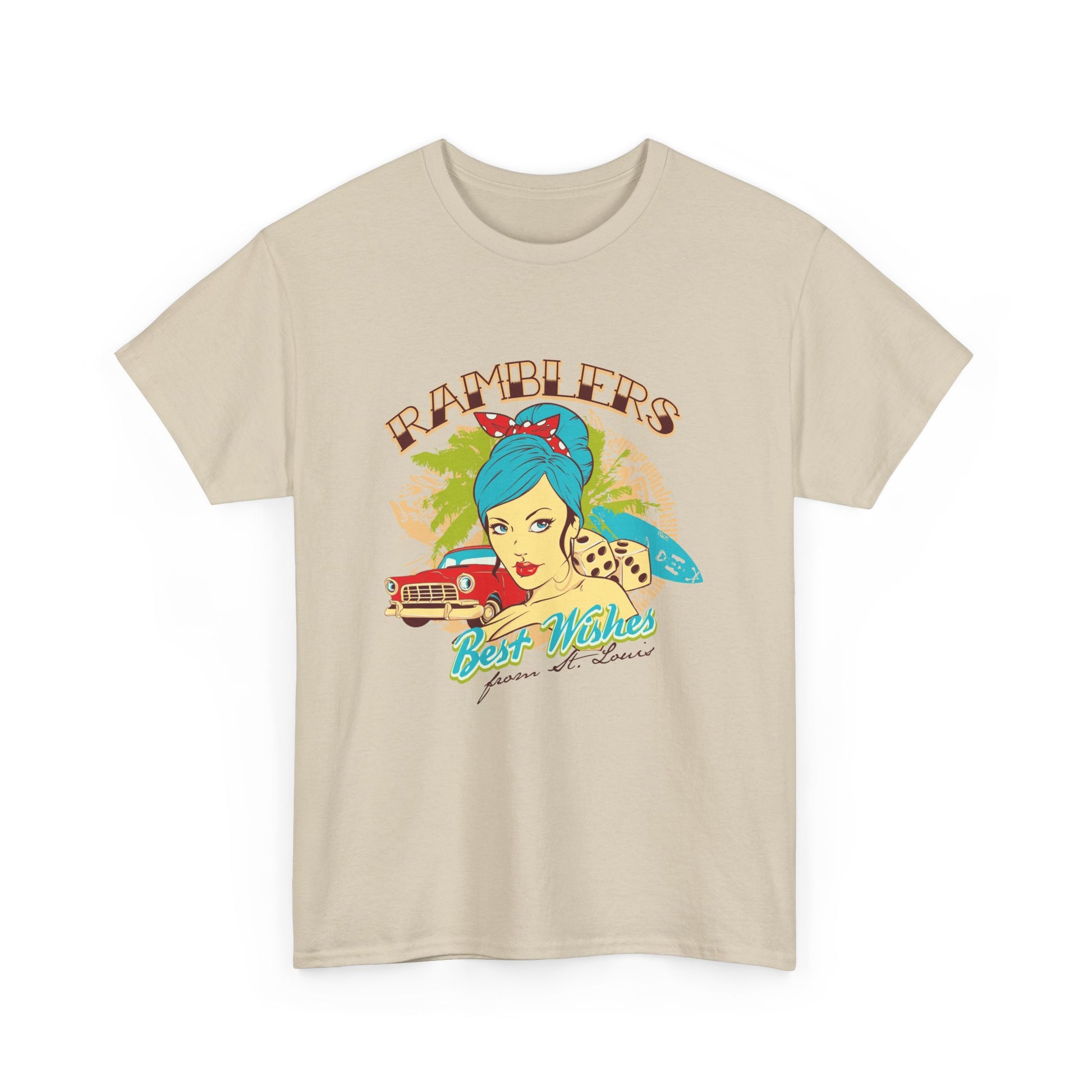 Front view of a chic beige retro graphic t-shirt showcasing a stunning pin-up illustration, luxurious colour palette, and distinctive text, perfect for vintage enthusiasts wanting to stand out.